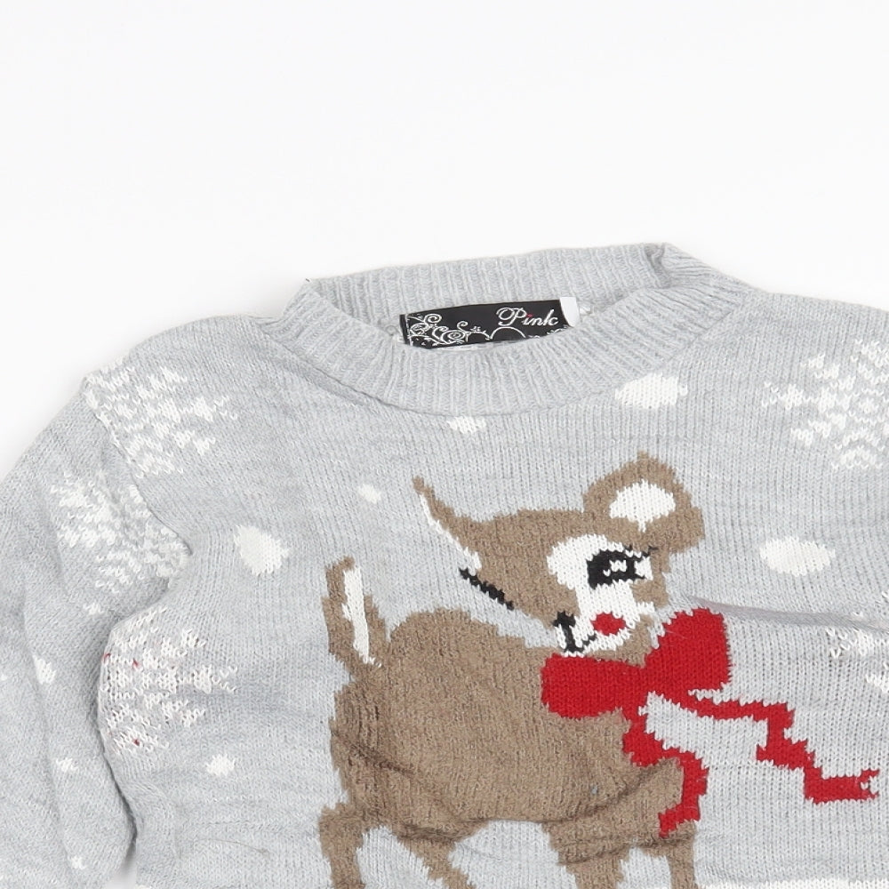 Preworn Girls Grey   Pullover Jumper Size 7-8 Years  - Christmas