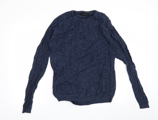 Front view of Tailored Originals men’s blue jumper, size M