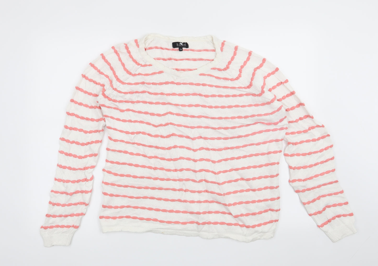Soon Womens White Striped  Pullover Jumper Size 14