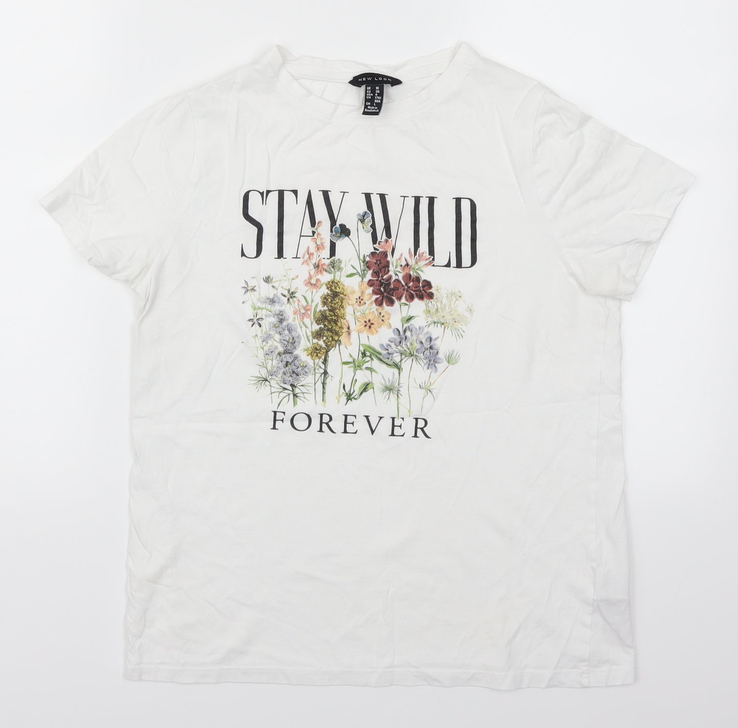 New Look Womens White Floral  Basic T-Shirt Size 10  - Stay Wild Forever