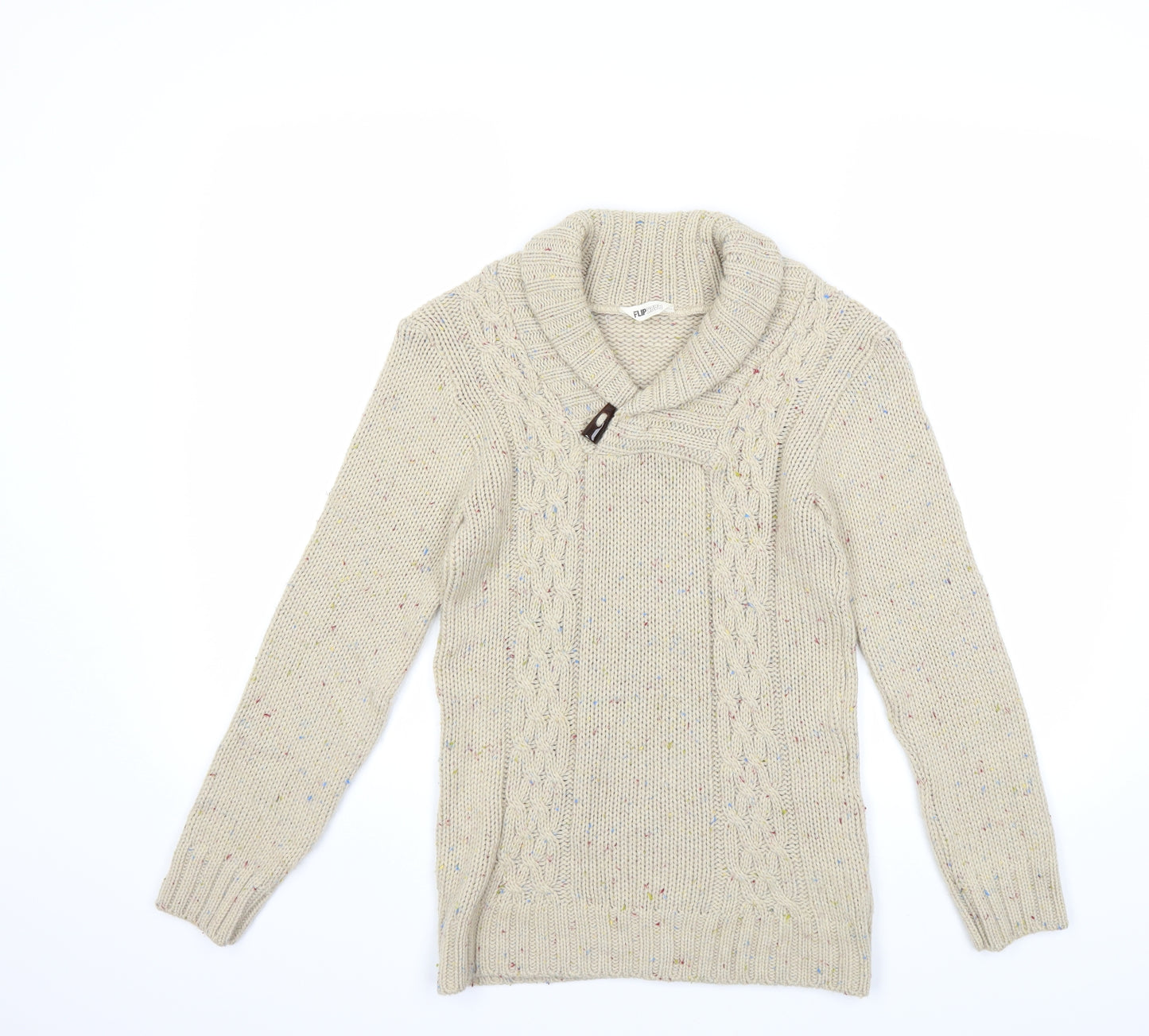 Flip Back Boys Beige  Knit Pullover Jumper Size 13-14 Years