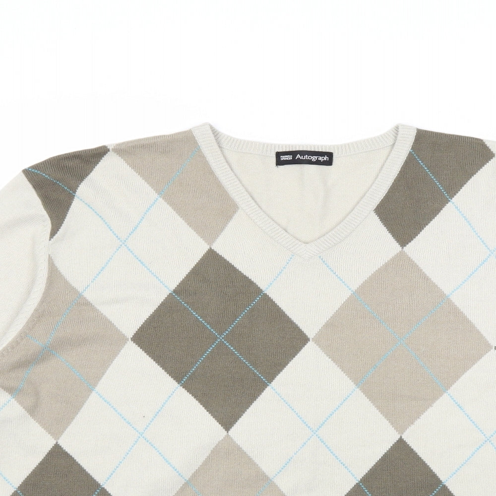 Marks and Spencer Mens Beige Check Knit Pullover Jumper Size XL