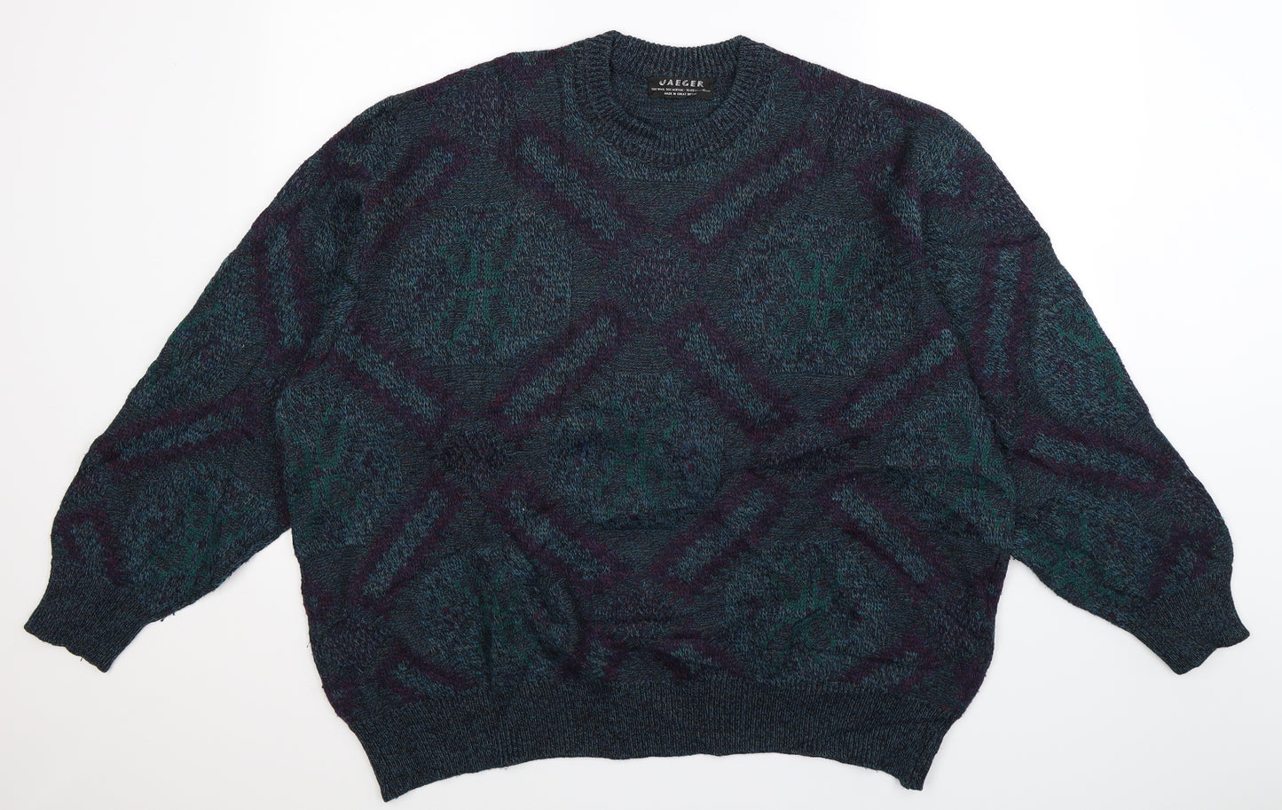 Jaeger Mens Blue Geometric Knit Pullover Jumper Size 2XL