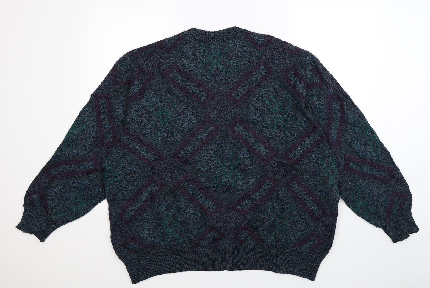 Jaeger Mens Blue Geometric Knit Pullover Jumper Size 2XL