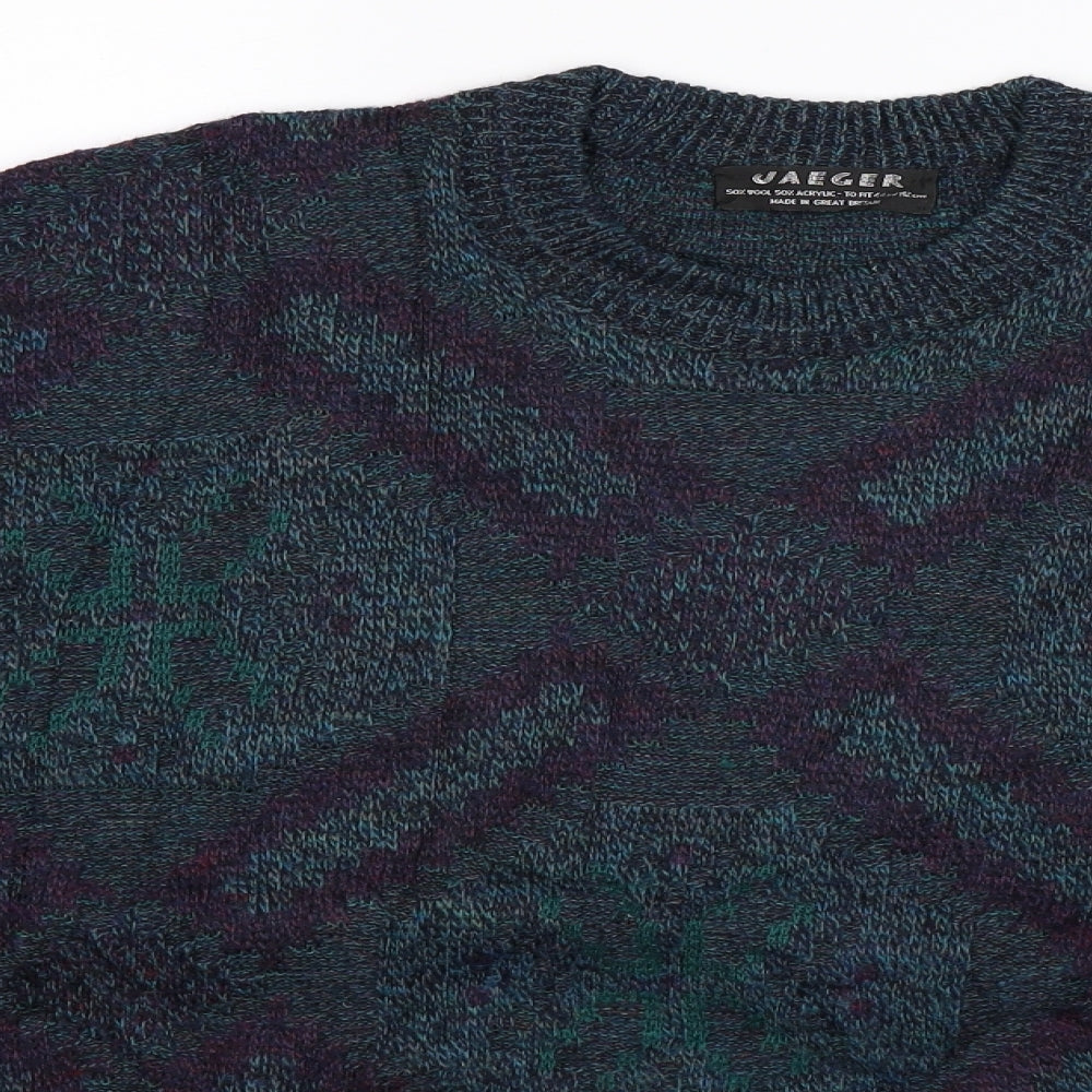 Jaeger Mens Blue Geometric Knit Pullover Jumper Size 2XL