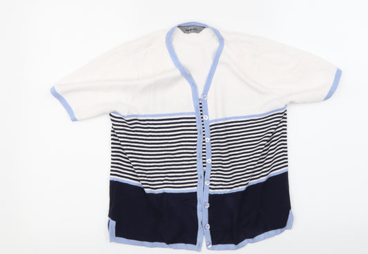 Front view of AMARANTO women’s multicoloured striped cardigan jumper, size S