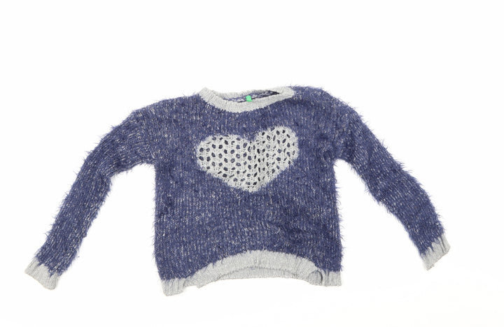 United Colors of Benetton Girls Blue Pullover Jumper Size 7-8 Years - Love heart