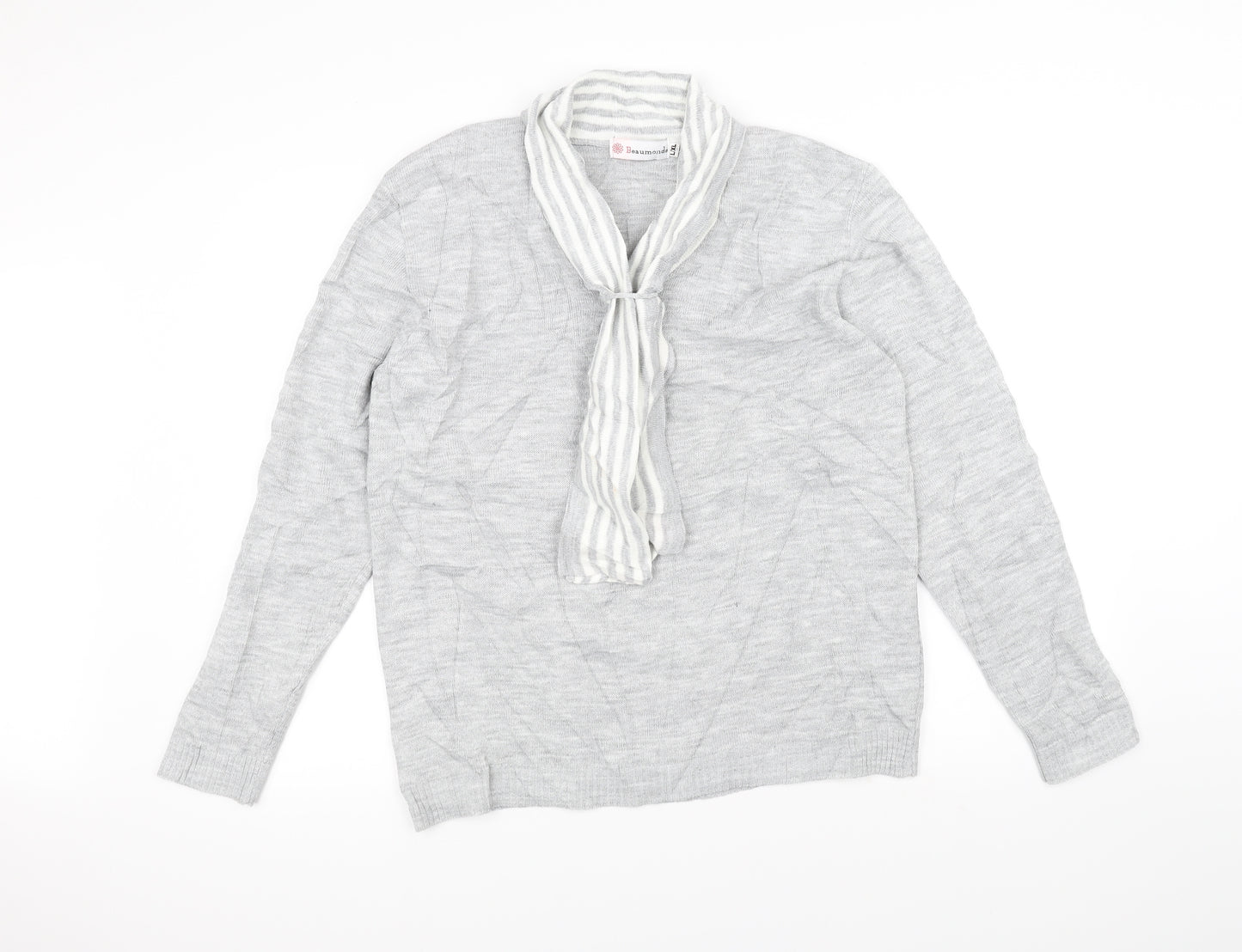 Beaumonde Womens Grey  Knit Pullover Jumper Size L  - scarf attatched