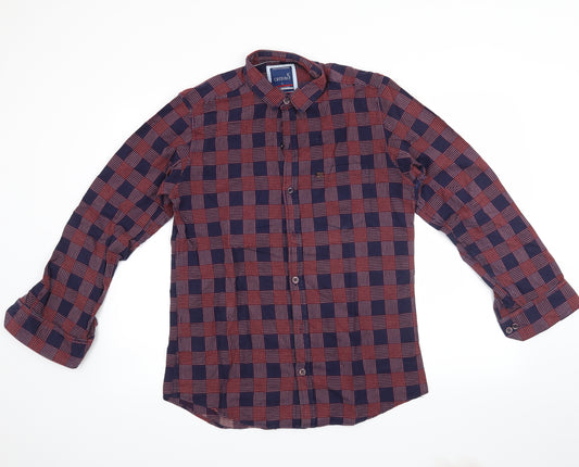 Front view of credible men’s purple plaid button-up, size L