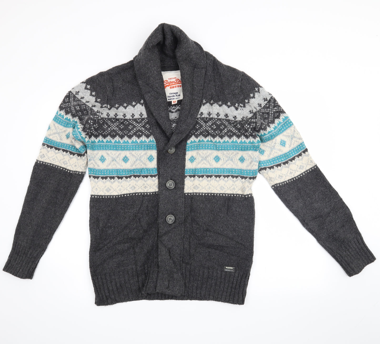 Superdry Womens Grey Fair Isle  Cardigan Jumper Size M