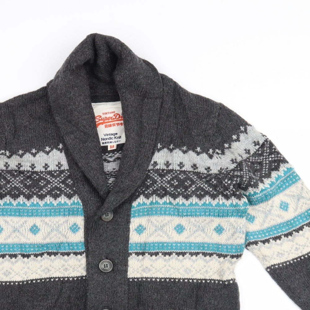 Superdry Womens Grey Fair Isle  Cardigan Jumper Size M