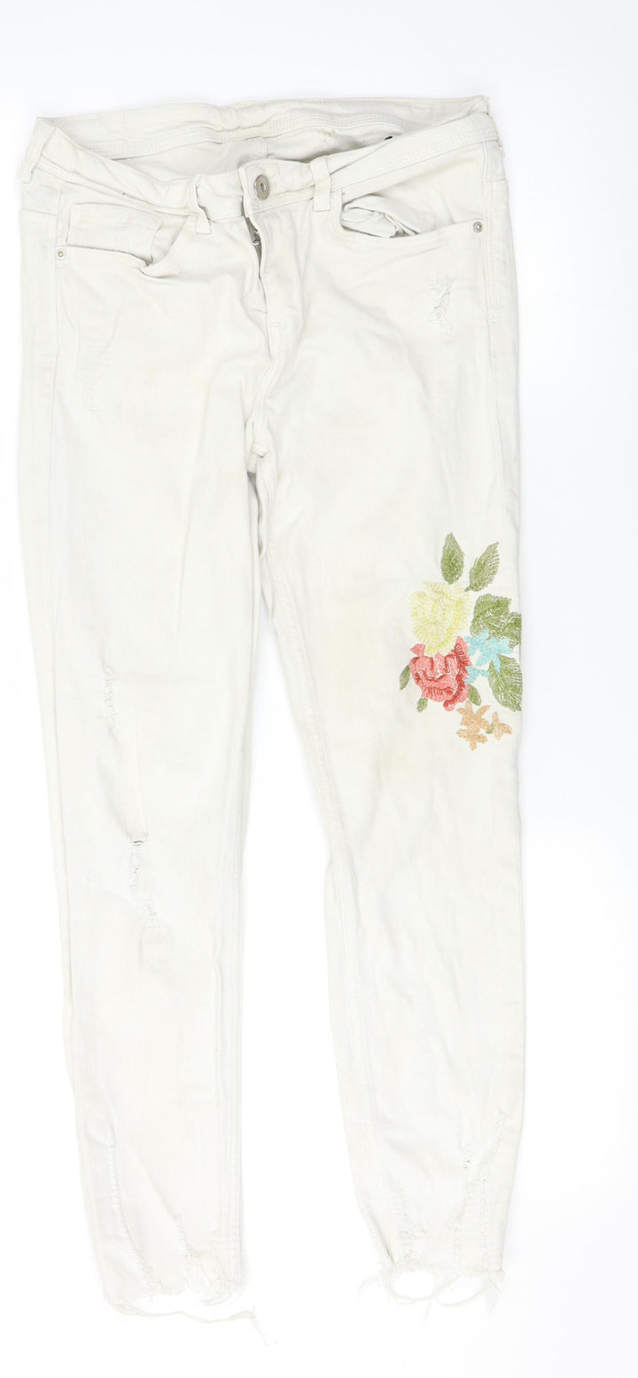 Zara Womens White Floral Denim Skinny Jeans Size 8 L25.5 in - Flowers