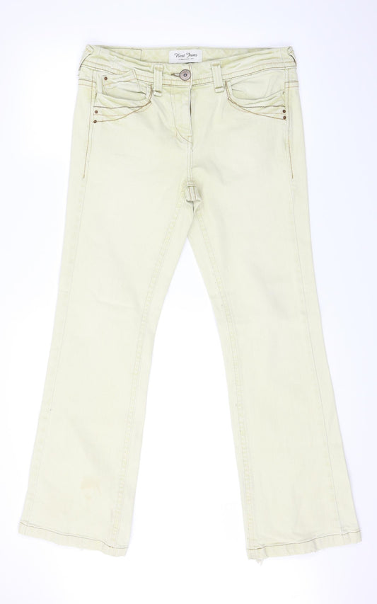 Front view of Next women’s beige denim straight jeans, size UK 12, 30-inch leg - detail on pockets