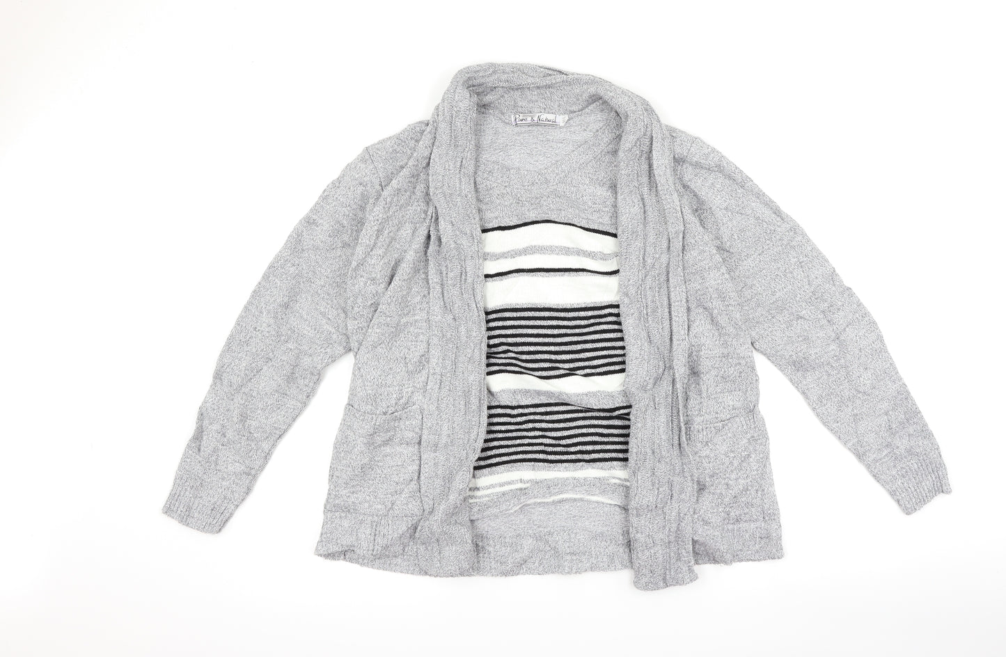 Pure & Natural Womens Grey Striped  Basic T-Shirt Size M  - top and cardigan in one