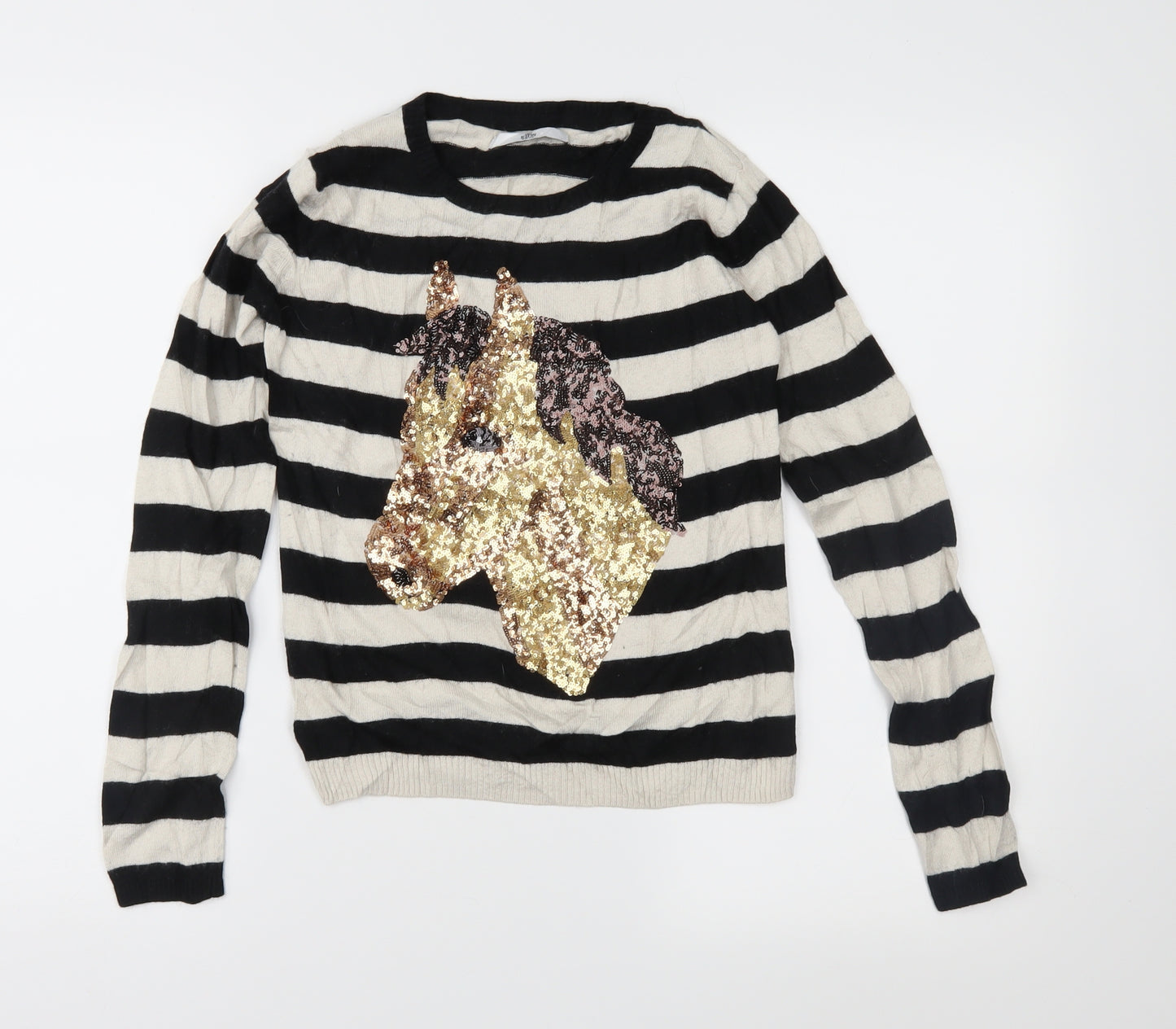 Marks and Spencer Girls Black Striped Knit Pullover Jumper Size 11-12 Years  - Horse