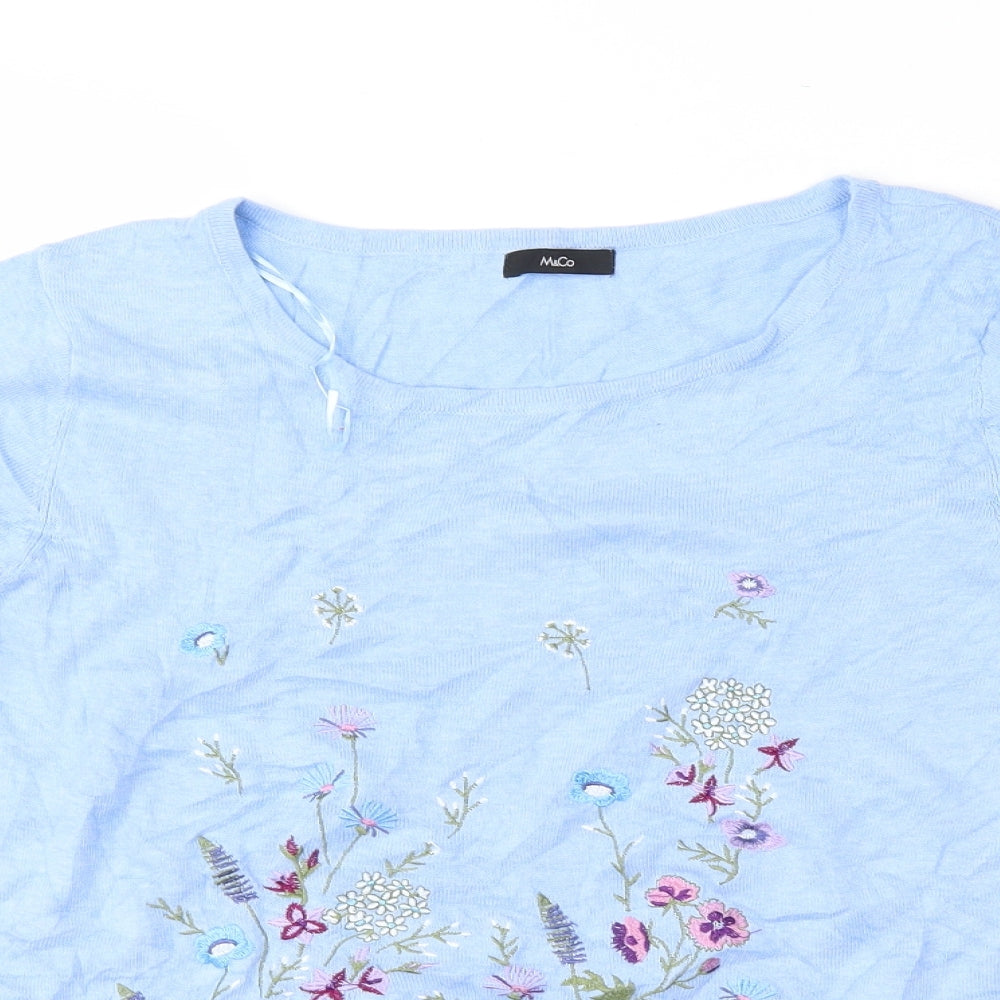 M&Co Womens Blue Floral Knit Pullover Jumper Size 16