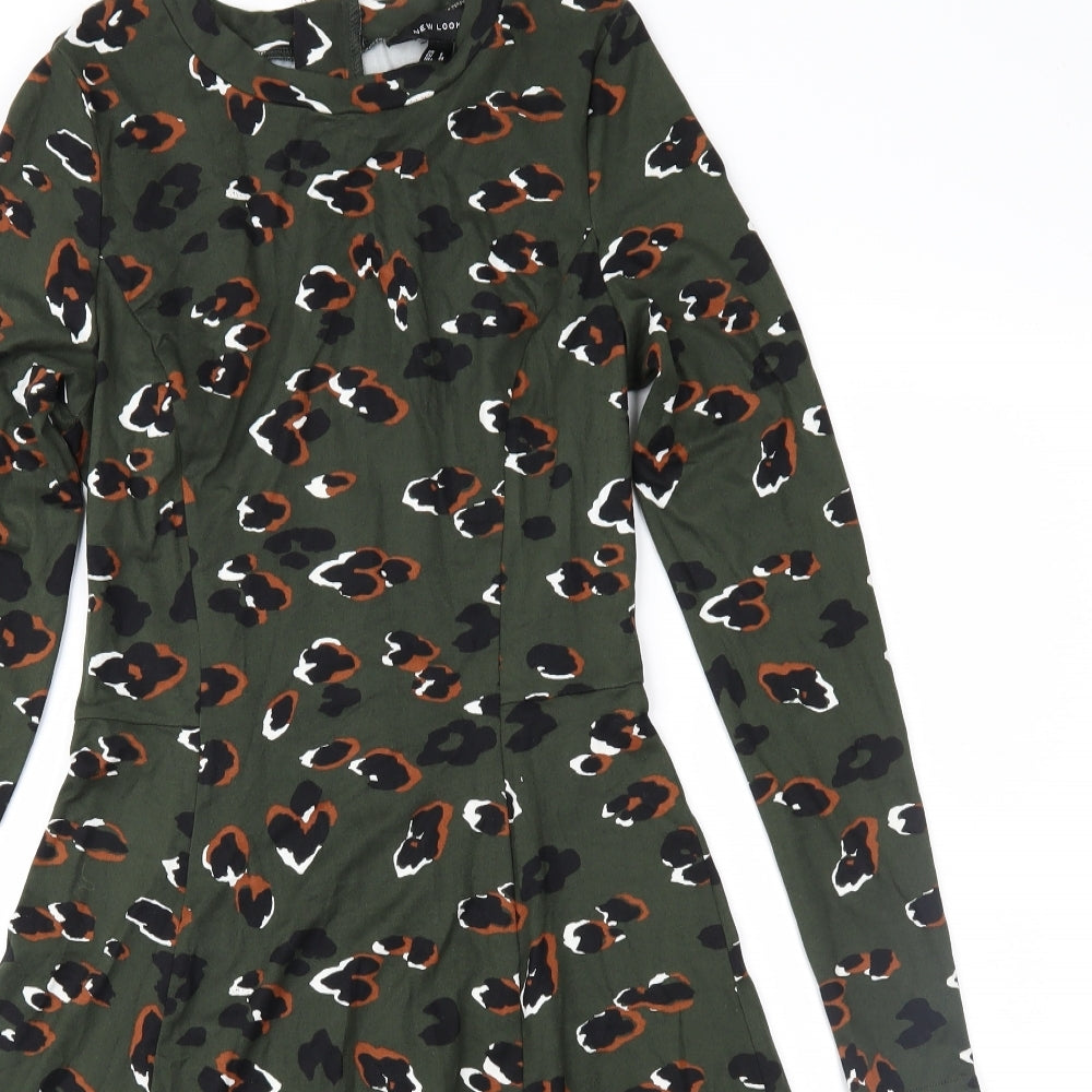 New Look Womens Green Animal Print Jersey Fit & Flare  Size 6