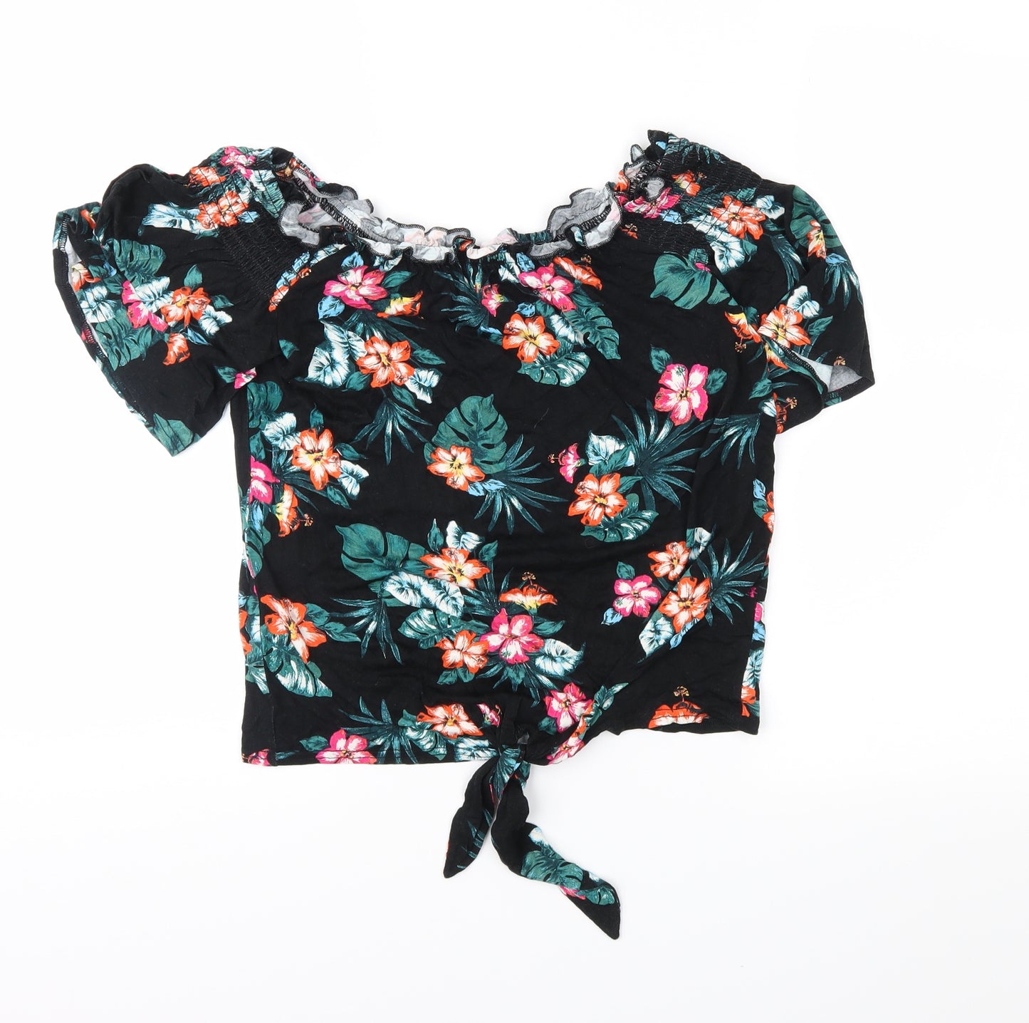 New Look Womens Black Floral Jersey Basic Blouse Size 6
