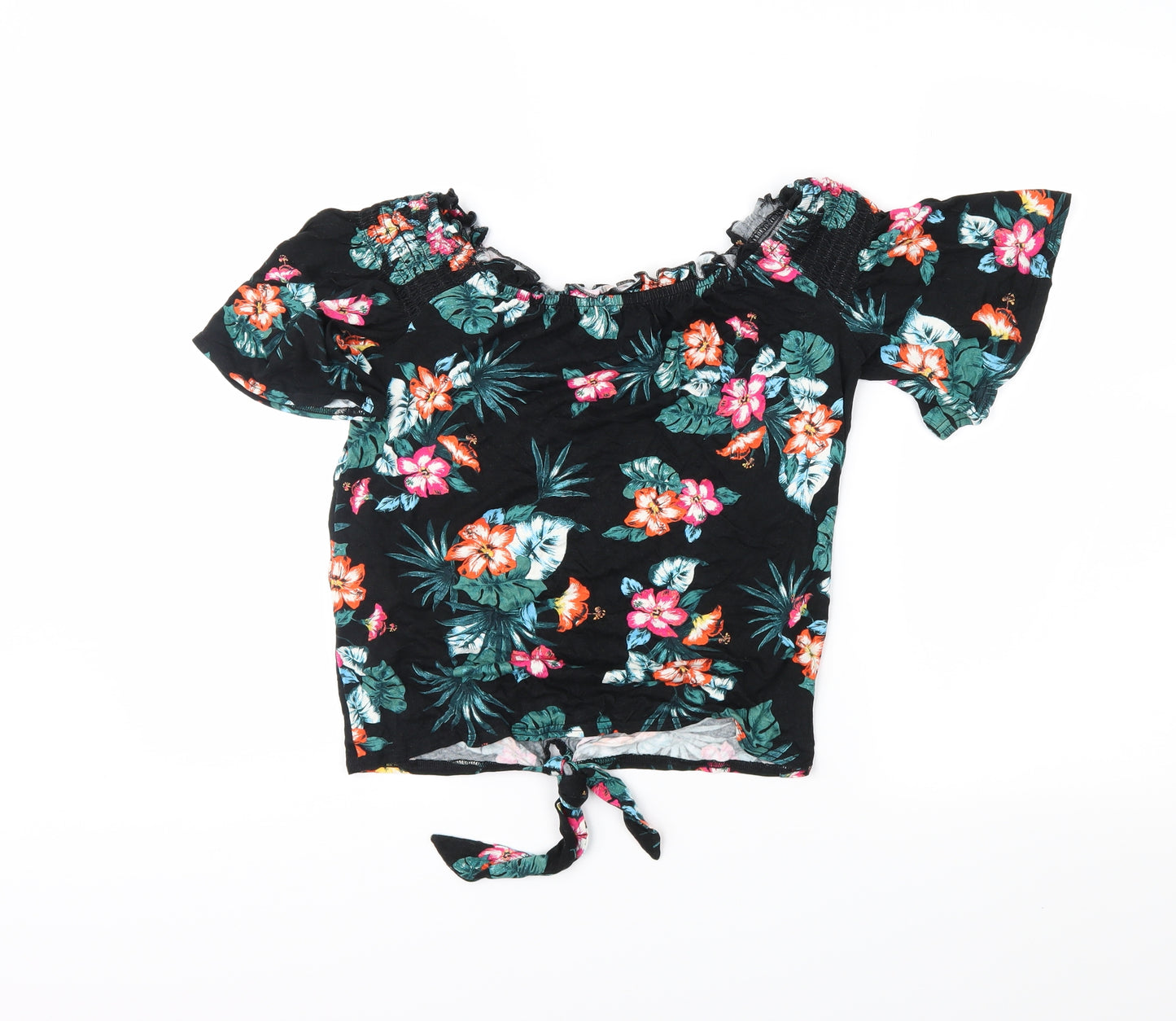 New Look Womens Black Floral Jersey Basic Blouse Size 6