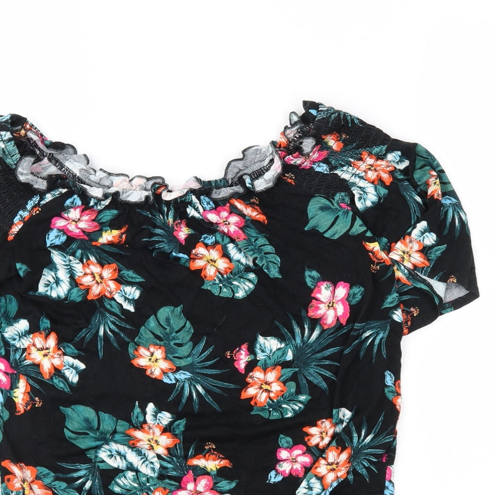 New Look Womens Black Floral Jersey Basic Blouse Size 6