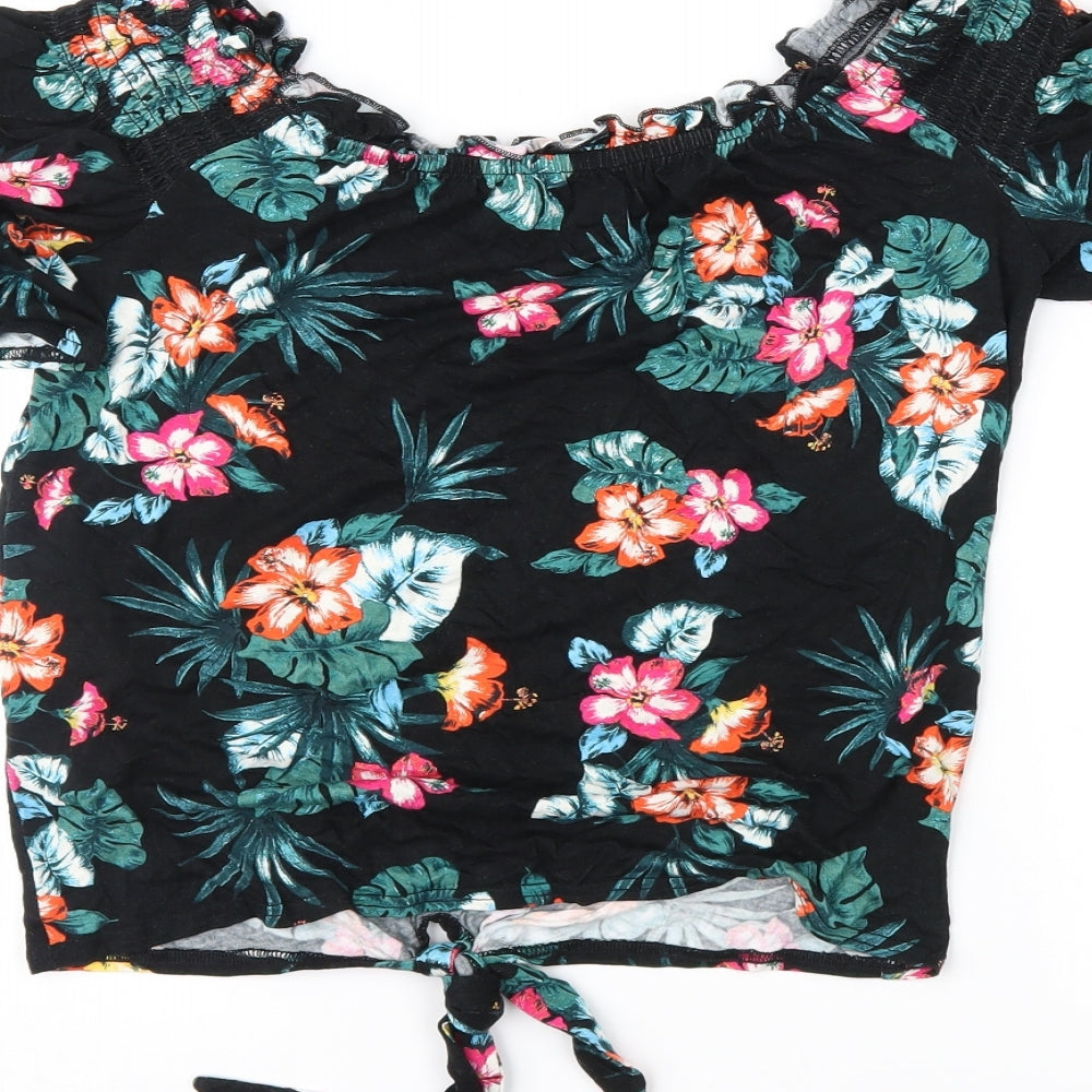 New Look Womens Black Floral Jersey Basic Blouse Size 6