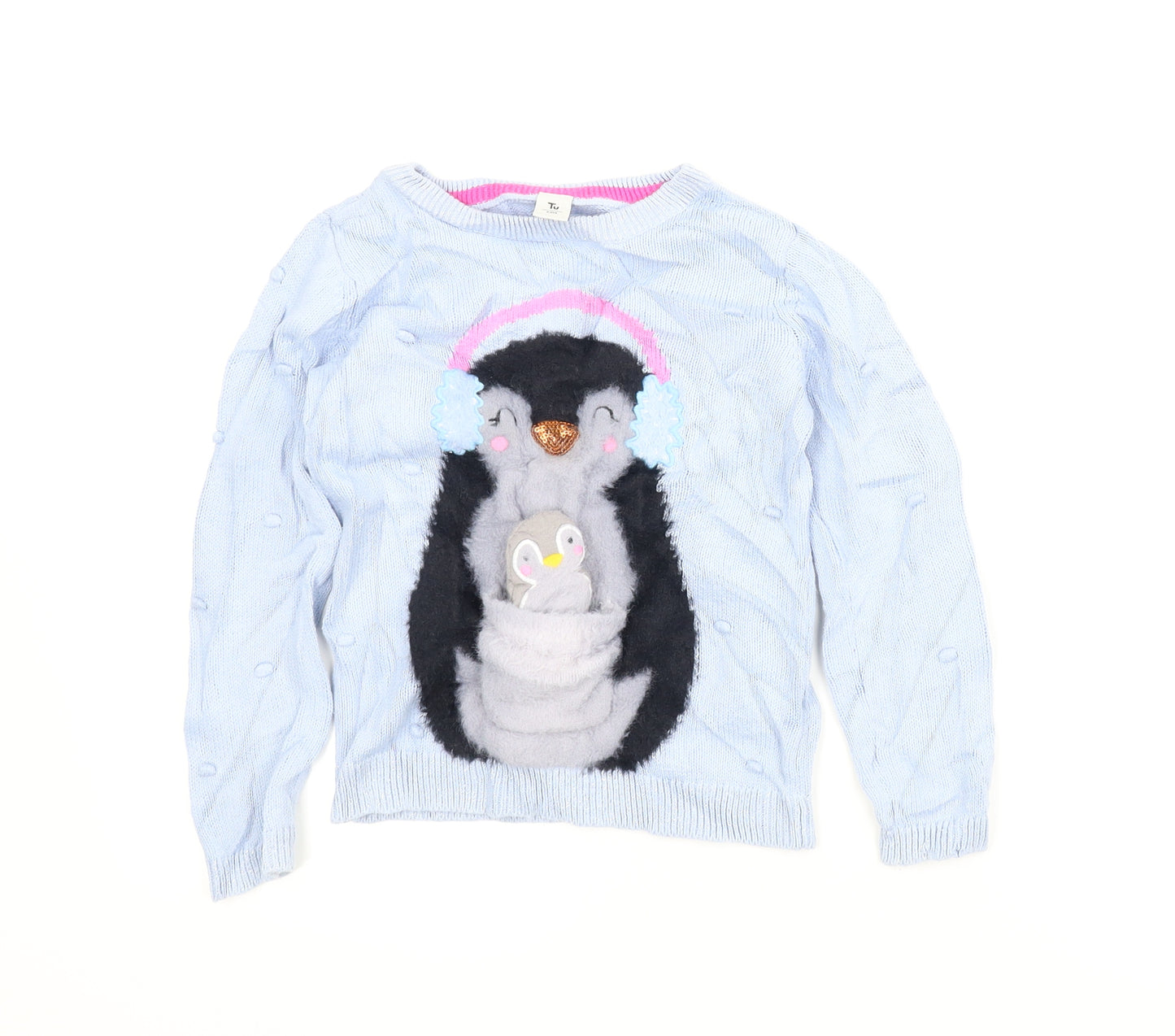 TU Girls Blue Animal Print  Pullover Jumper Size 3-4 Years  - Christmas, Penguin