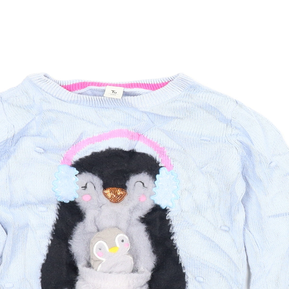 TU Girls Blue Animal Print  Pullover Jumper Size 3-4 Years  - Christmas, Penguin