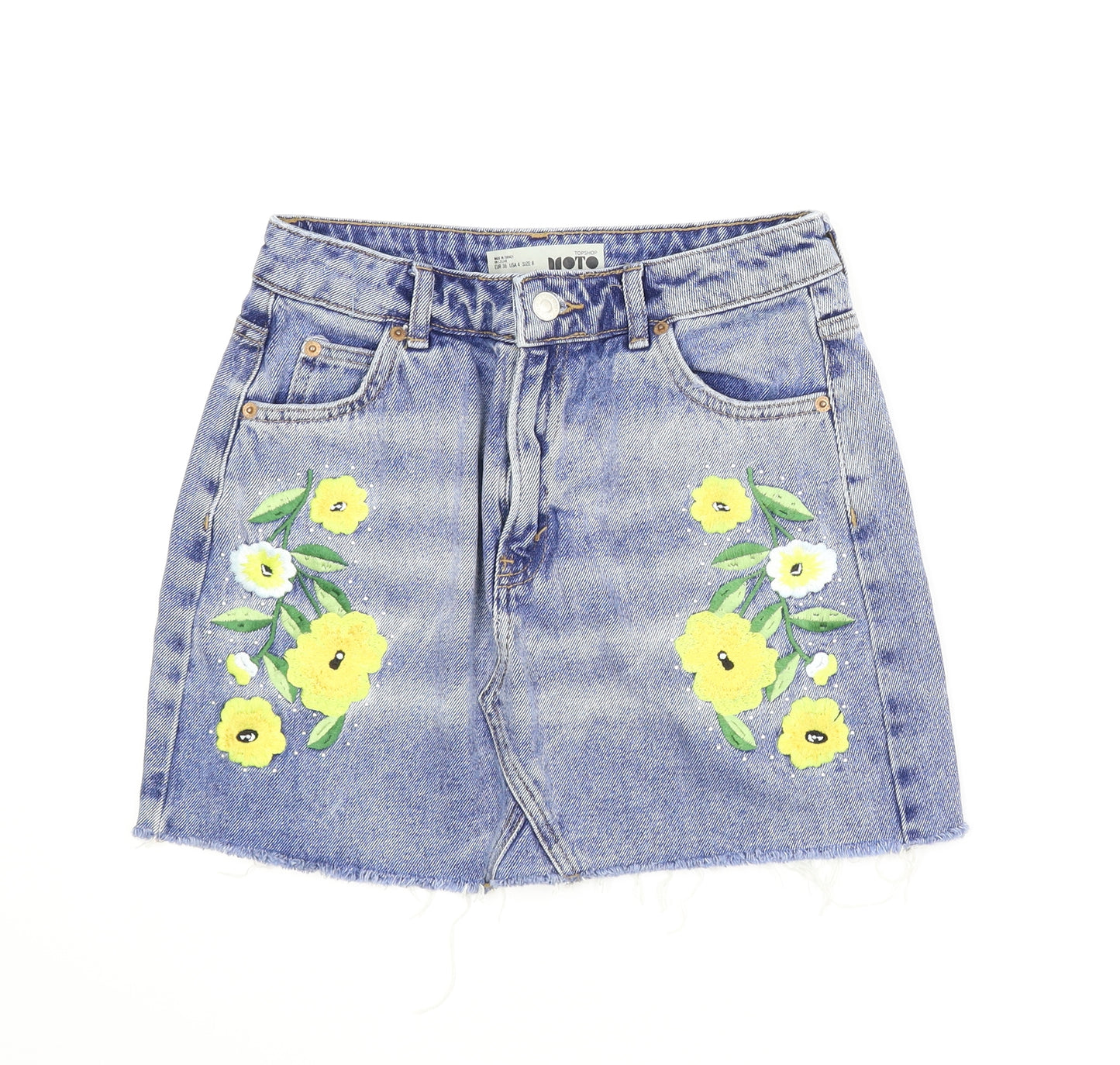 Topshop Womens Blue Floral Denim A-Line Skirt Size 8