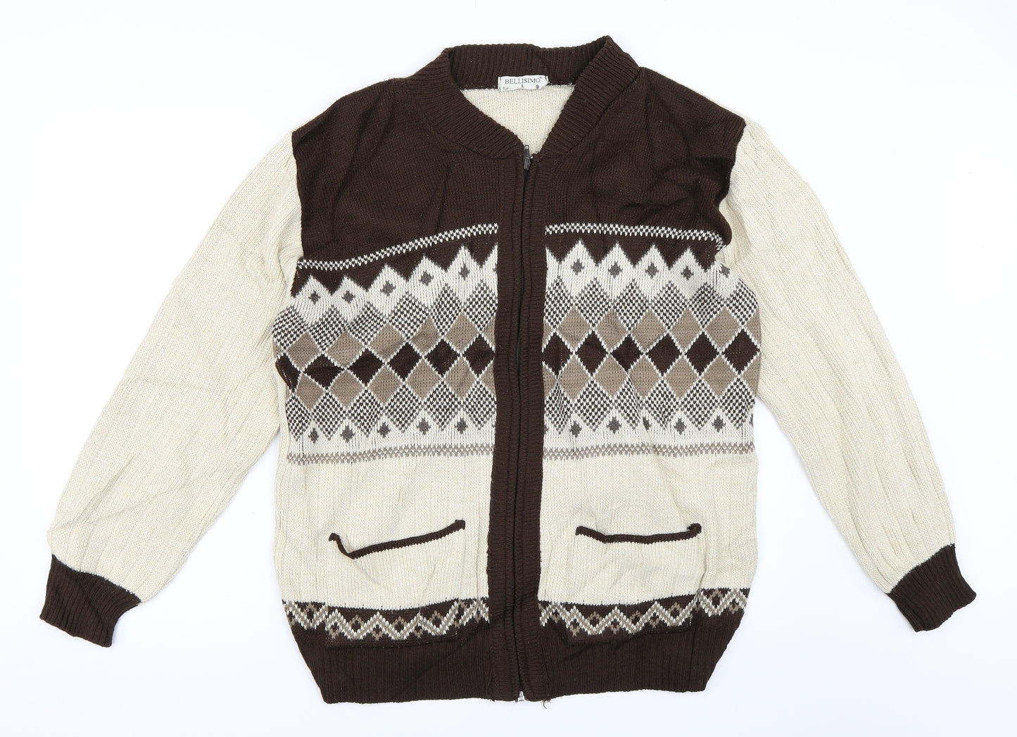Bellisimo Mens Beige   Full Zip Jumper Size L