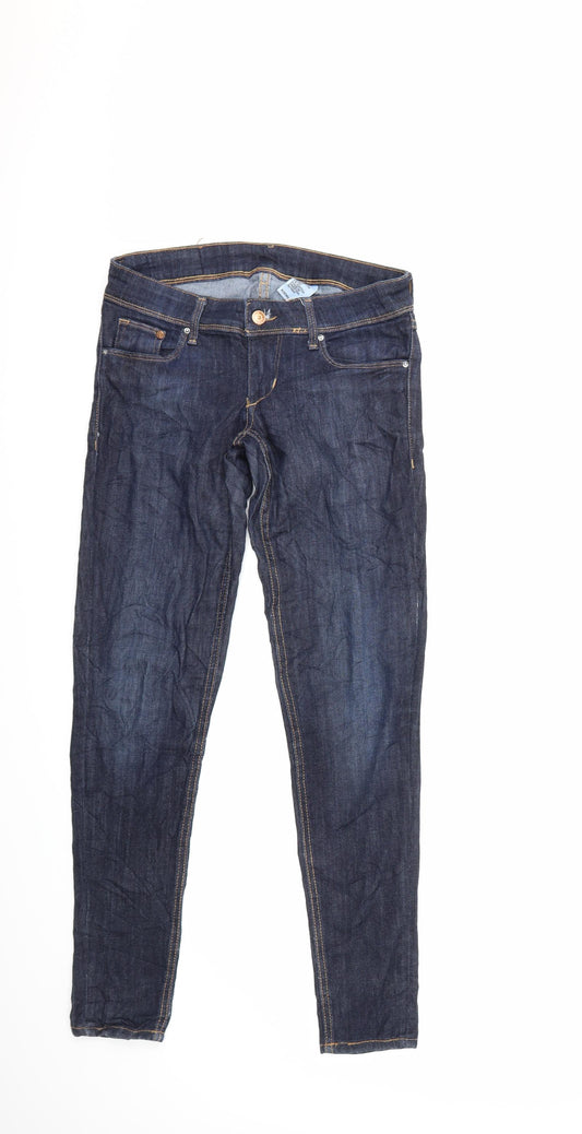 Front view of H&M men’s blue denim skinny jeans, size 28, in, 30-inch leg