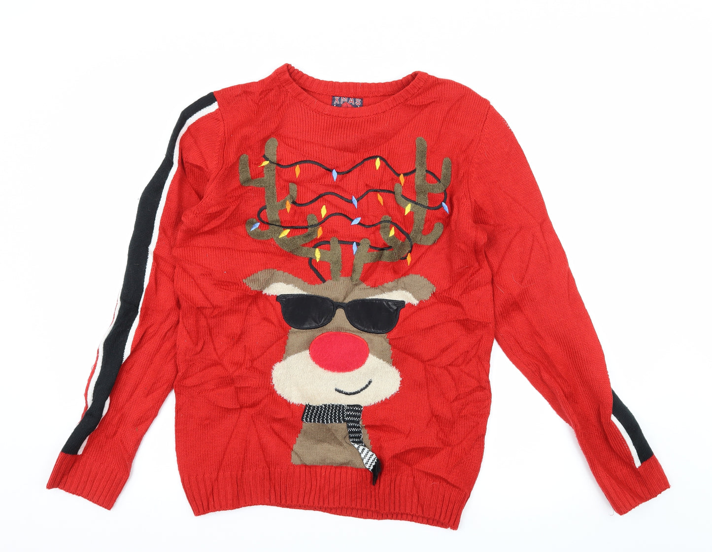 F&F Boys Red Geometric Knit Pullover Jumper Size 13-14 Years  - Christmas Reindeer