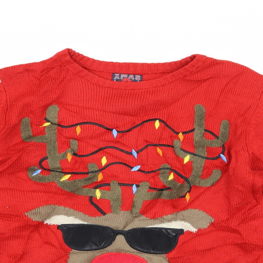 F&F Boys Red Geometric Knit Pullover Jumper Size 13-14 Years  - Christmas Reindeer