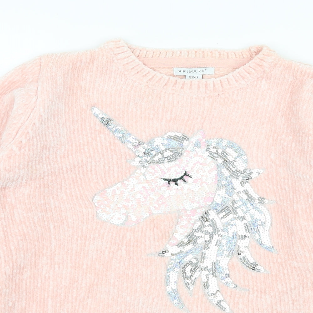 Priamrk Girls Pink  Knit Pullover Jumper Size 11-12 Years  - Unicorn