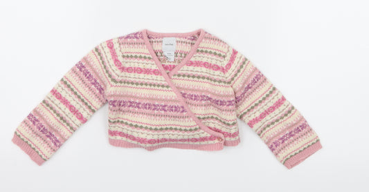 Front view of Gap girls’ pink striped knit cardigan jumper, size 6-9, months