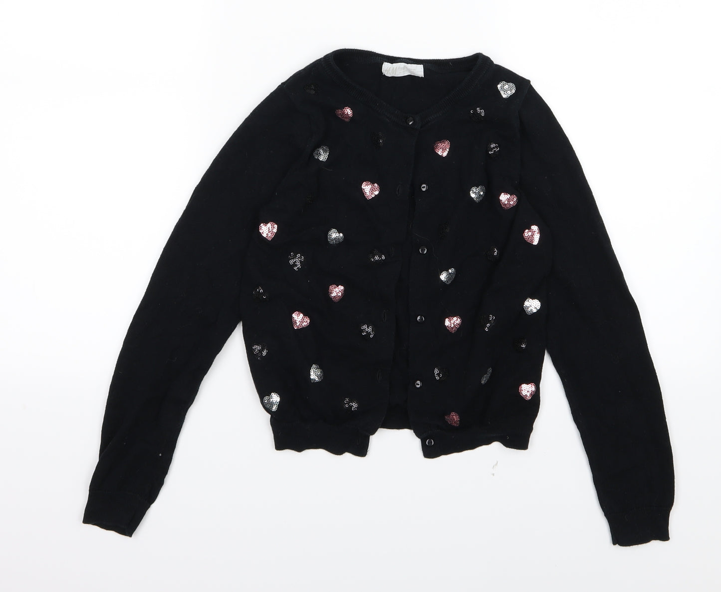 H&M Girls Black Polka Dot Knit Cardigan Jumper Size 8-9 Years  - Heart print