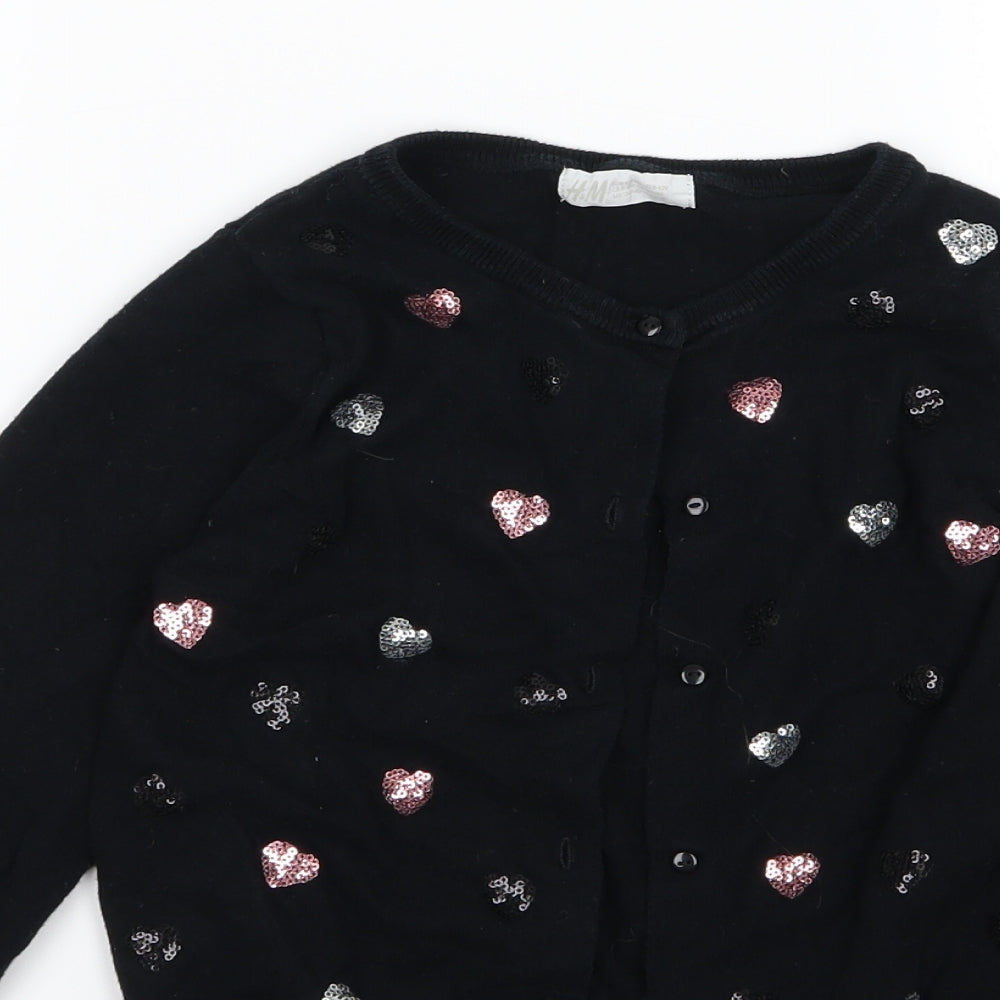 H&M Girls Black Polka Dot Knit Cardigan Jumper Size 8-9 Years  - Heart print