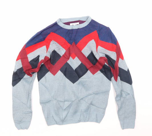 Front view of Bellfield boys’ blue argyle/diamond rayon jumper, size S