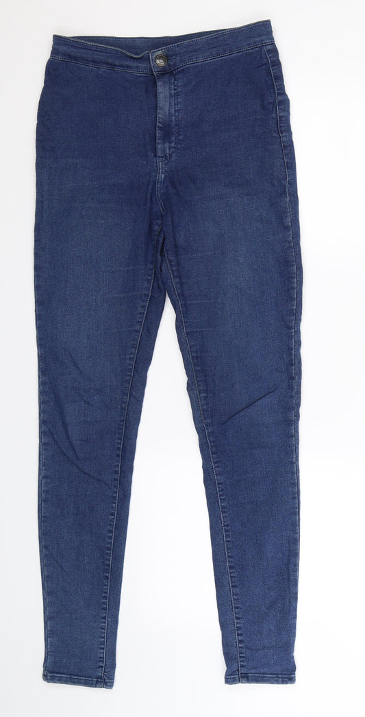 Front view of Topshop women’s blue denim jegging jeans, size UK 28, in, 29-inch leg