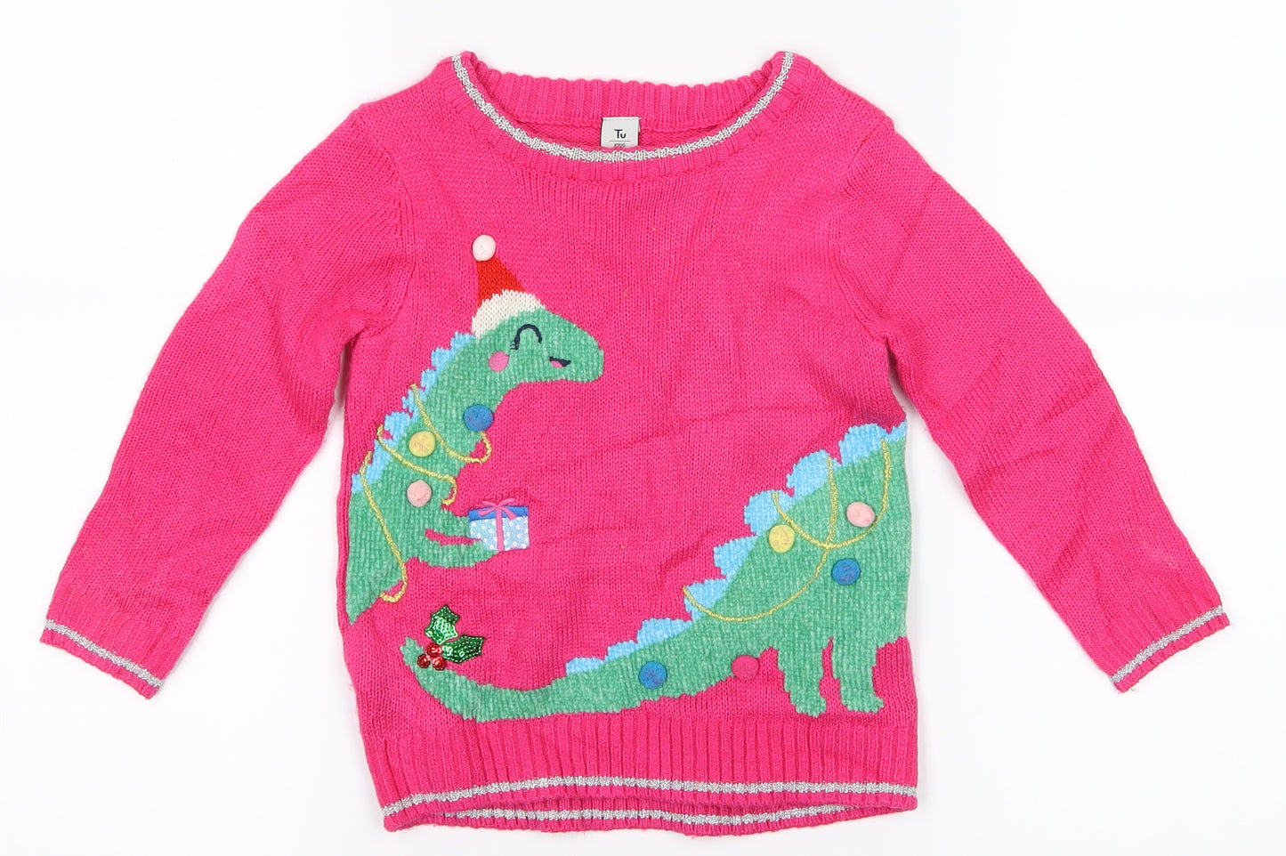 Tu Kids Girls Pink   Pullover Jumper Size 2-3 Years  - Christmas Dinosaurs