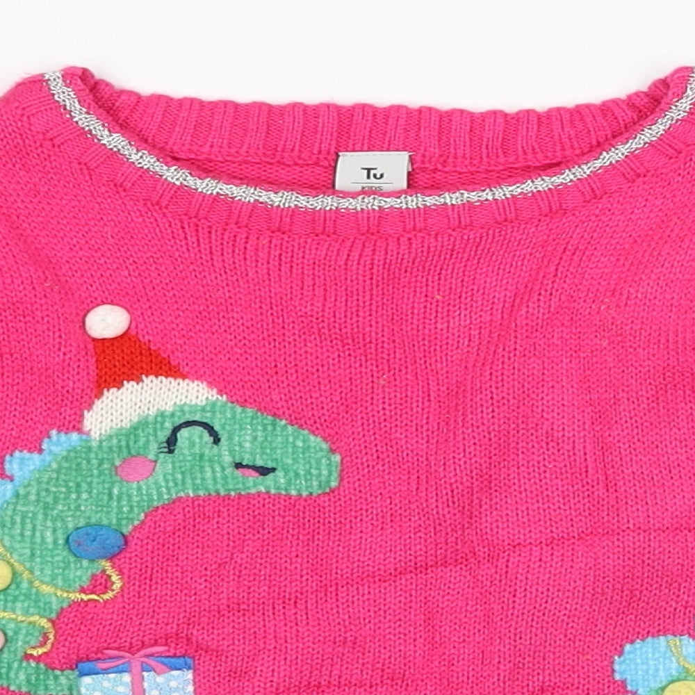 Tu Kids Girls Pink   Pullover Jumper Size 2-3 Years  - Christmas Dinosaurs