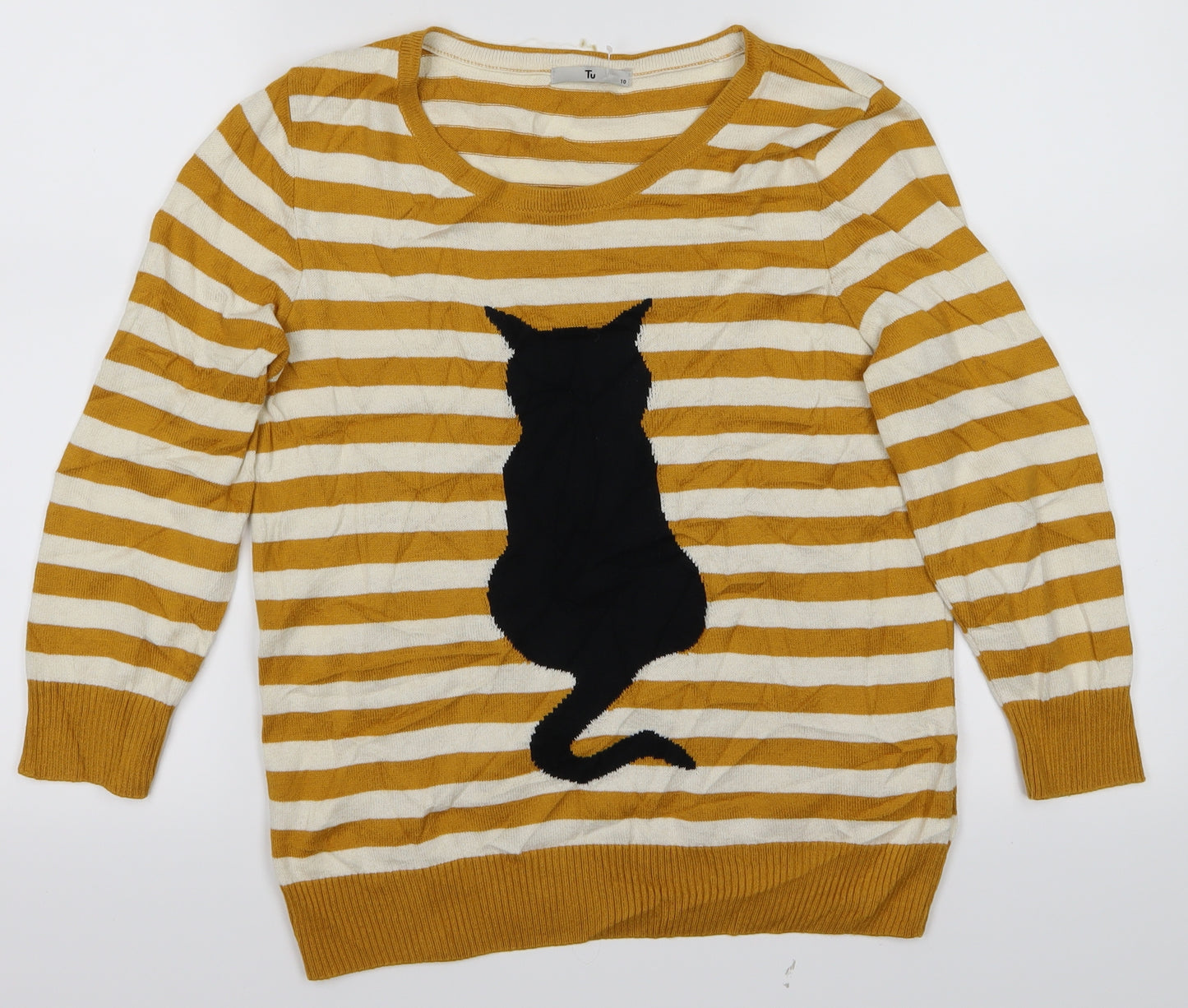 Tu Women Womens Yellow Striped  Basic T-Shirt Size 10  - Cat