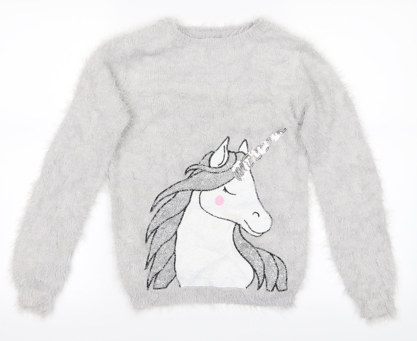 Primark Girls Grey   Pullover Jumper Size 10-11 Years  - Unicorn