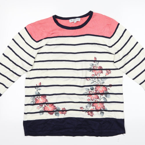Mudflower Womens White Striped  Pullover Jumper Size L  - Flowers