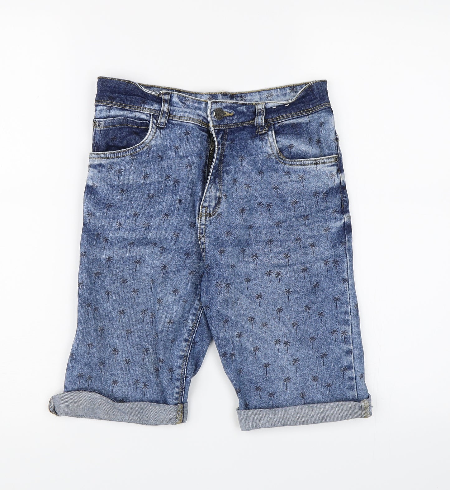 TU Boys Blue Floral Denim Bermuda Shorts Size 12 Years - palm trees