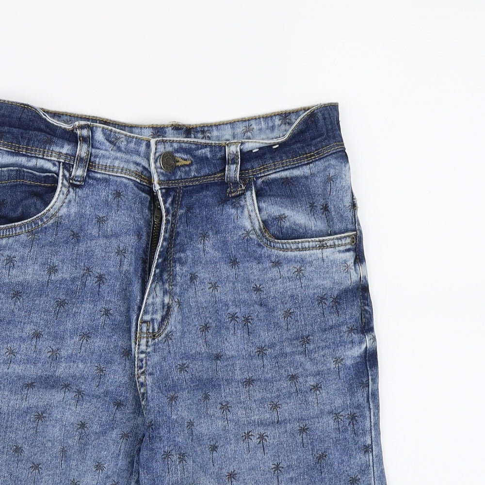 TU Boys Blue Floral Denim Bermuda Shorts Size 12 Years - palm trees