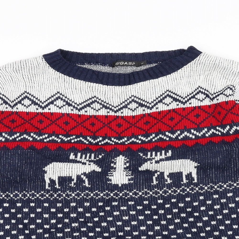 Out Of Gas Womens Blue Striped Knit Pullover Jumper Size L  - Christmas