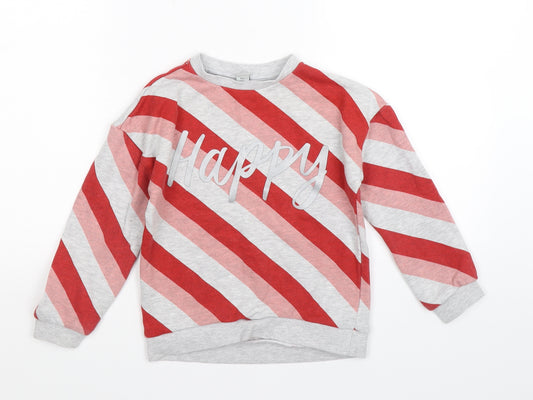Front view of TU boys’ grey striped jersey pullover sweatshirt, size 8, years - happy red stripes