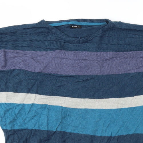 Bling Mens Blue Striped Knit Pullover Jumper Size L