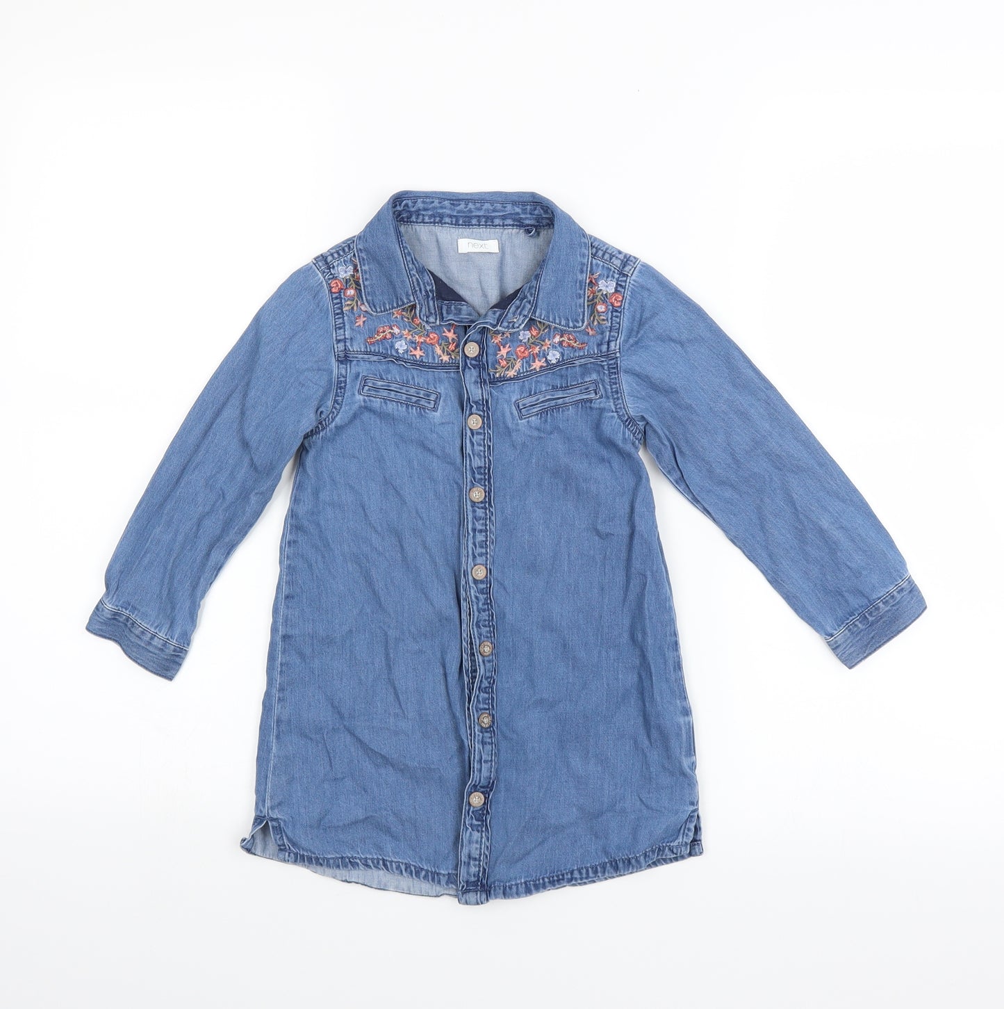 NEXT Girls Blue  Denim Shirt Dress  Size 3-4 Years  - Floral embroidery