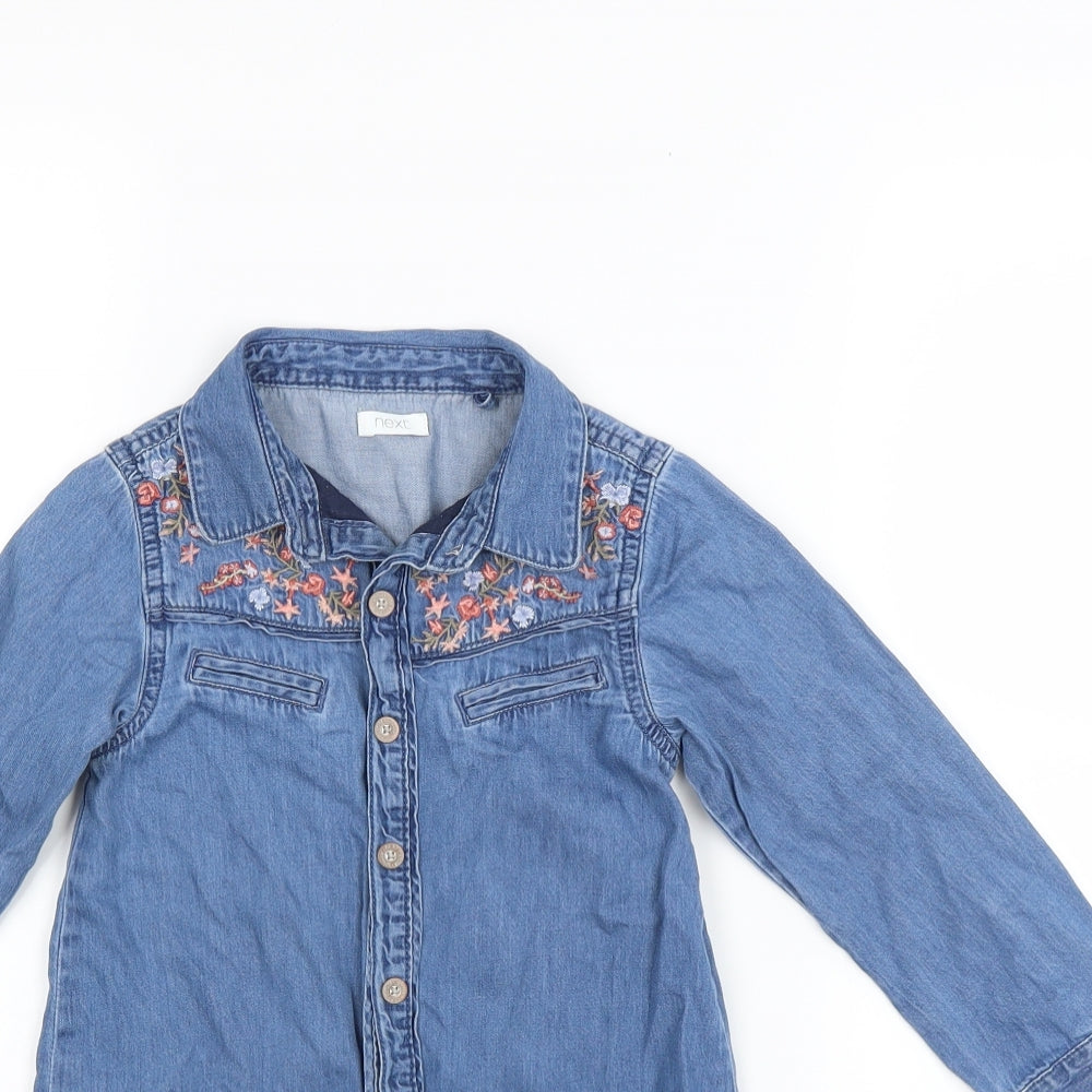 NEXT Girls Blue  Denim Shirt Dress  Size 3-4 Years  - Floral embroidery